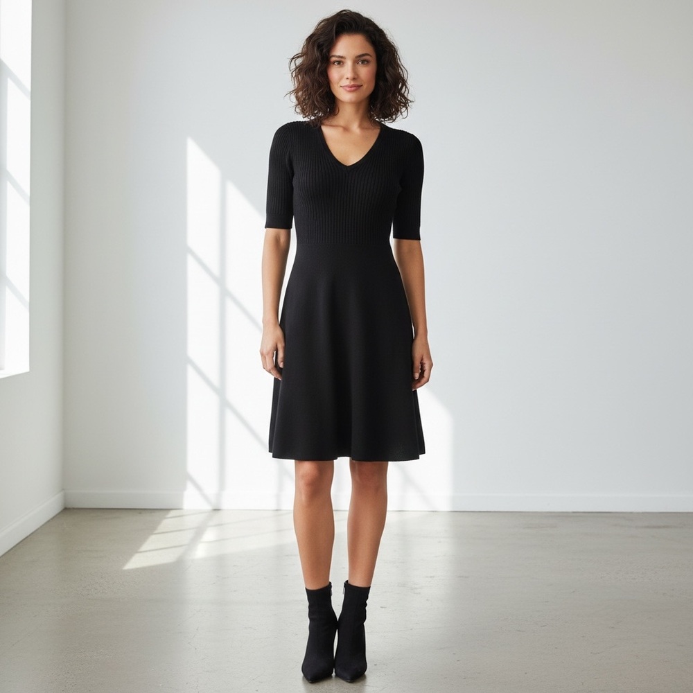 Theory Black Cashmere Mixed Rib V-Neck Flare Short Sleeve Midi Sweater Dress - Picture 2 of 9
